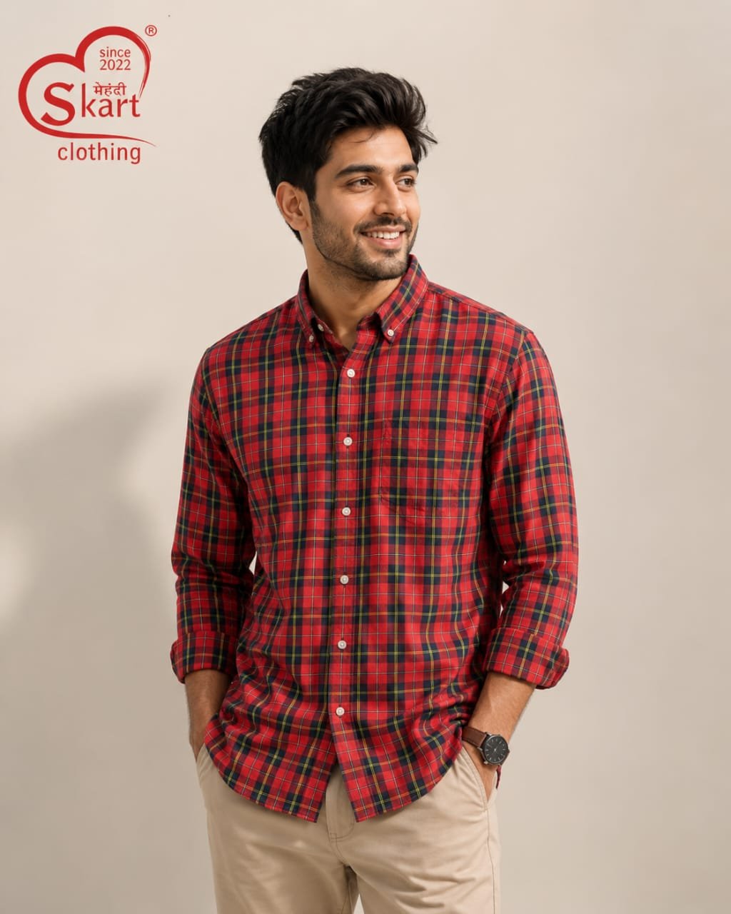Men's Red & Navy Checkered Full Sleeve Casual Shirt