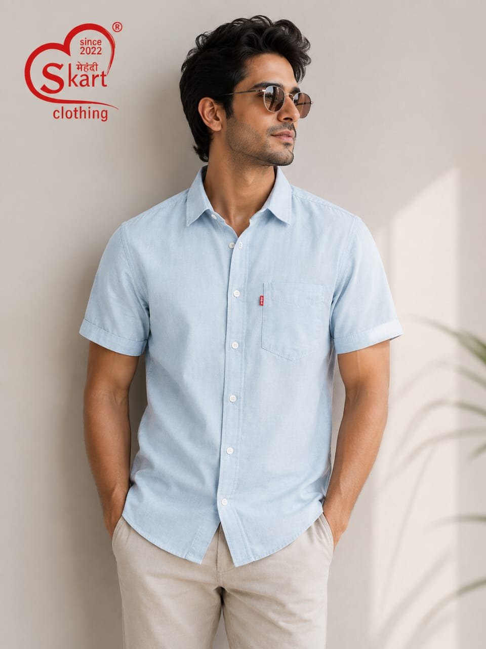 Sky Blue Solid Half Sleeve Shirt for Men