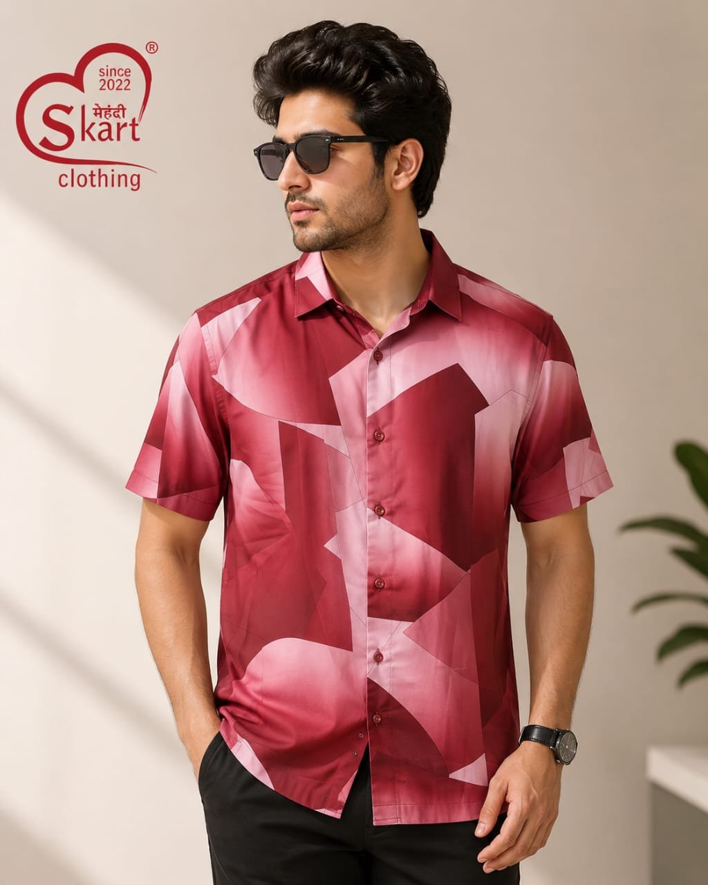 Maroon & Pink Geometric Printed Half Sleeve Shirt for Men