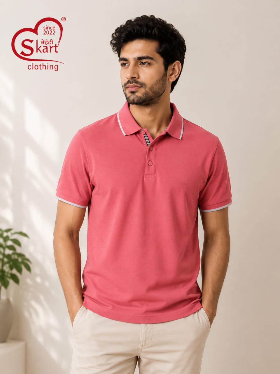 Pink Solid Polo T-Shirt with Contrast Trim for Men