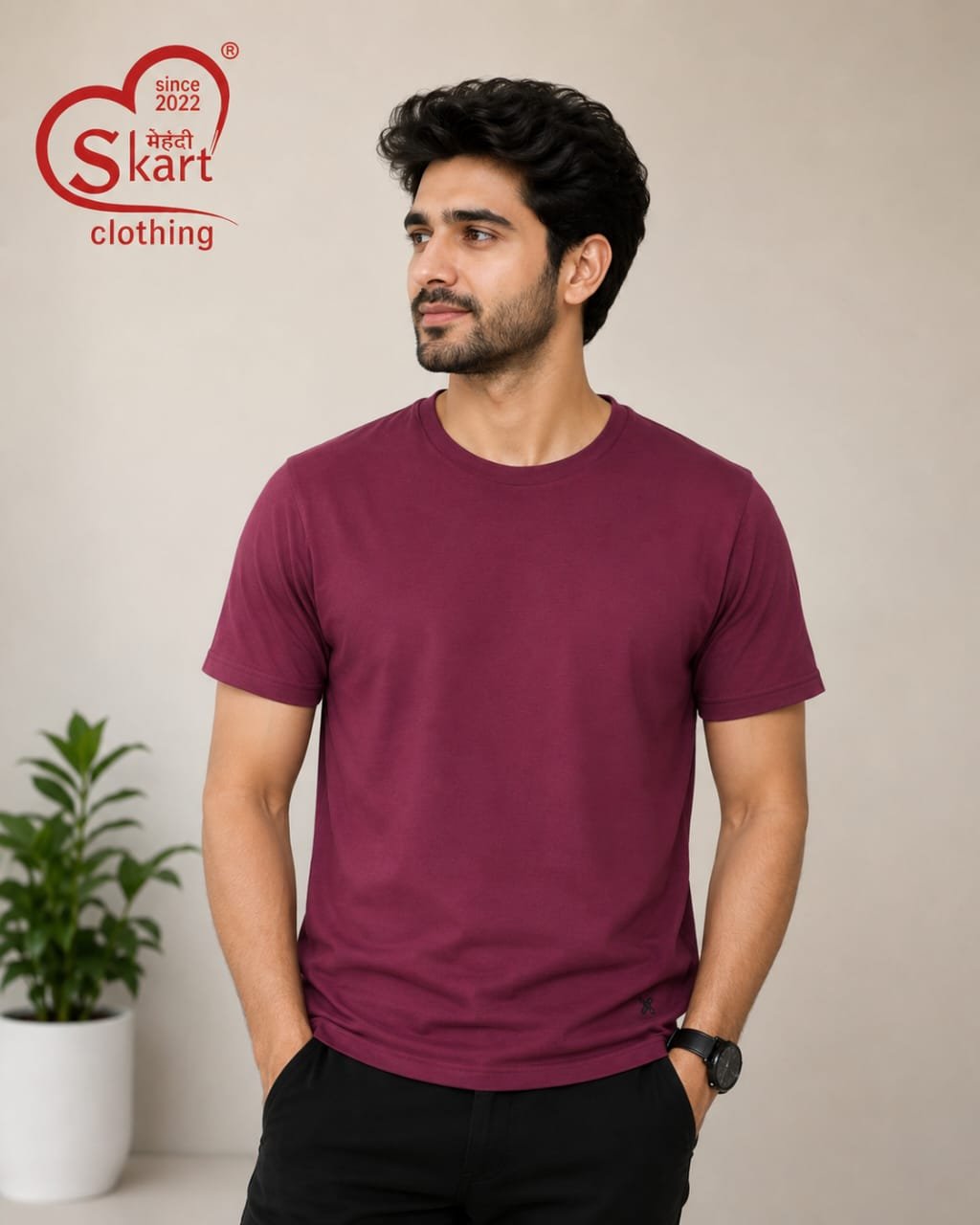 Maroon Solid Round Neck T-Shirt for Men