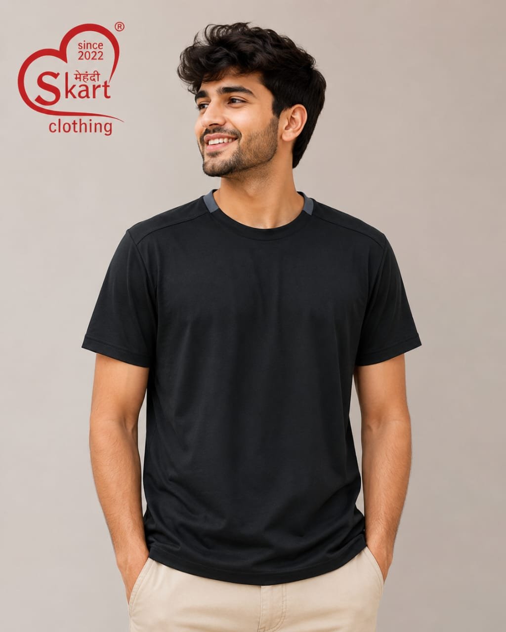 Black Solid Round Neck T-Shirt with Contrast Detail for Men