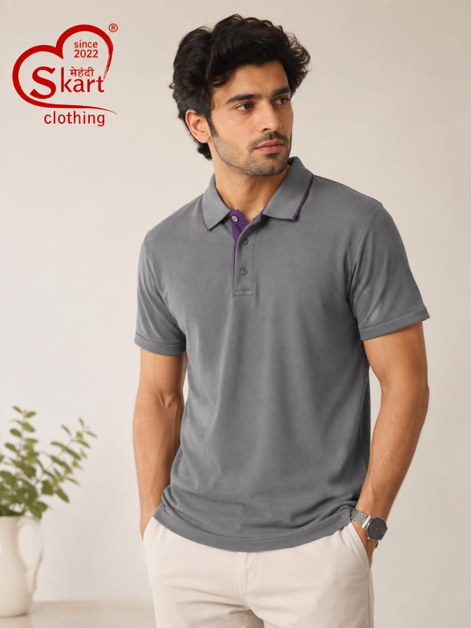 Grey Solid Polo T-Shirt with Contrast Collar for Men