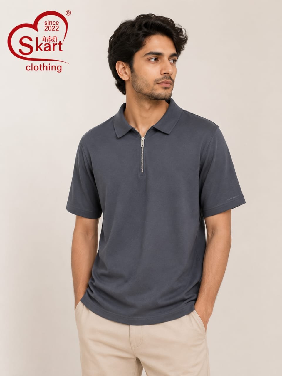 Charcoal Grey Half-Zip Polo T-Shirt for Men