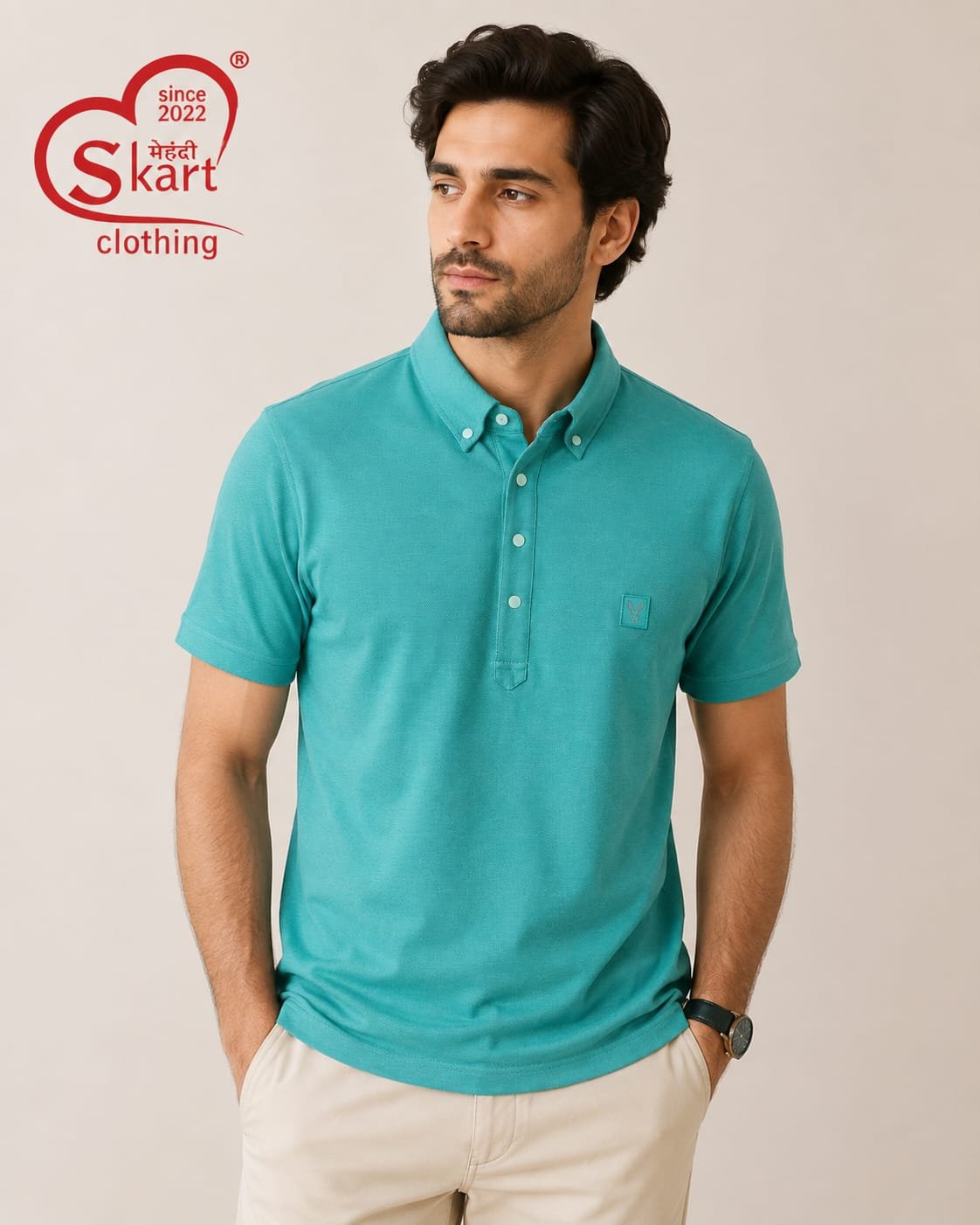 Turquoise Blue Solid Button-Down Polo T-Shirt for Men