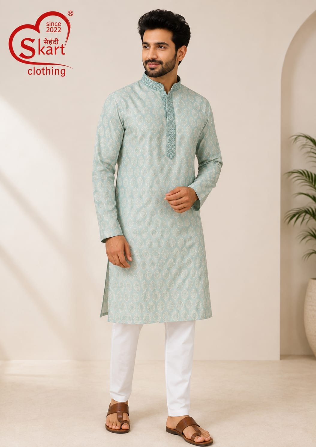 Men's Light Green Printed Kurta – Full Sleeve Ethnic Wear