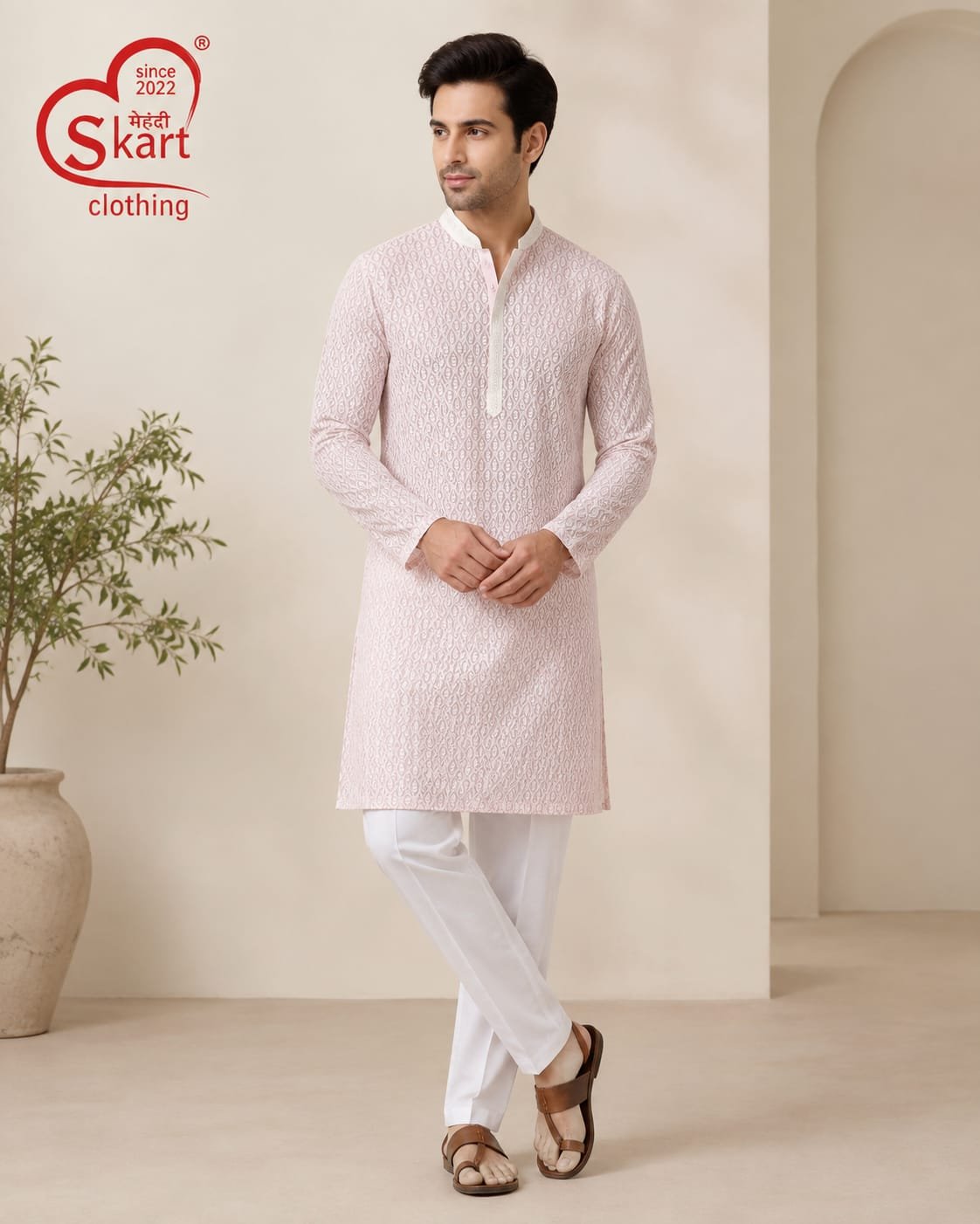 Men's Light Pink Printed Kurta – Elegant Full Sleeve Ethnic Wear