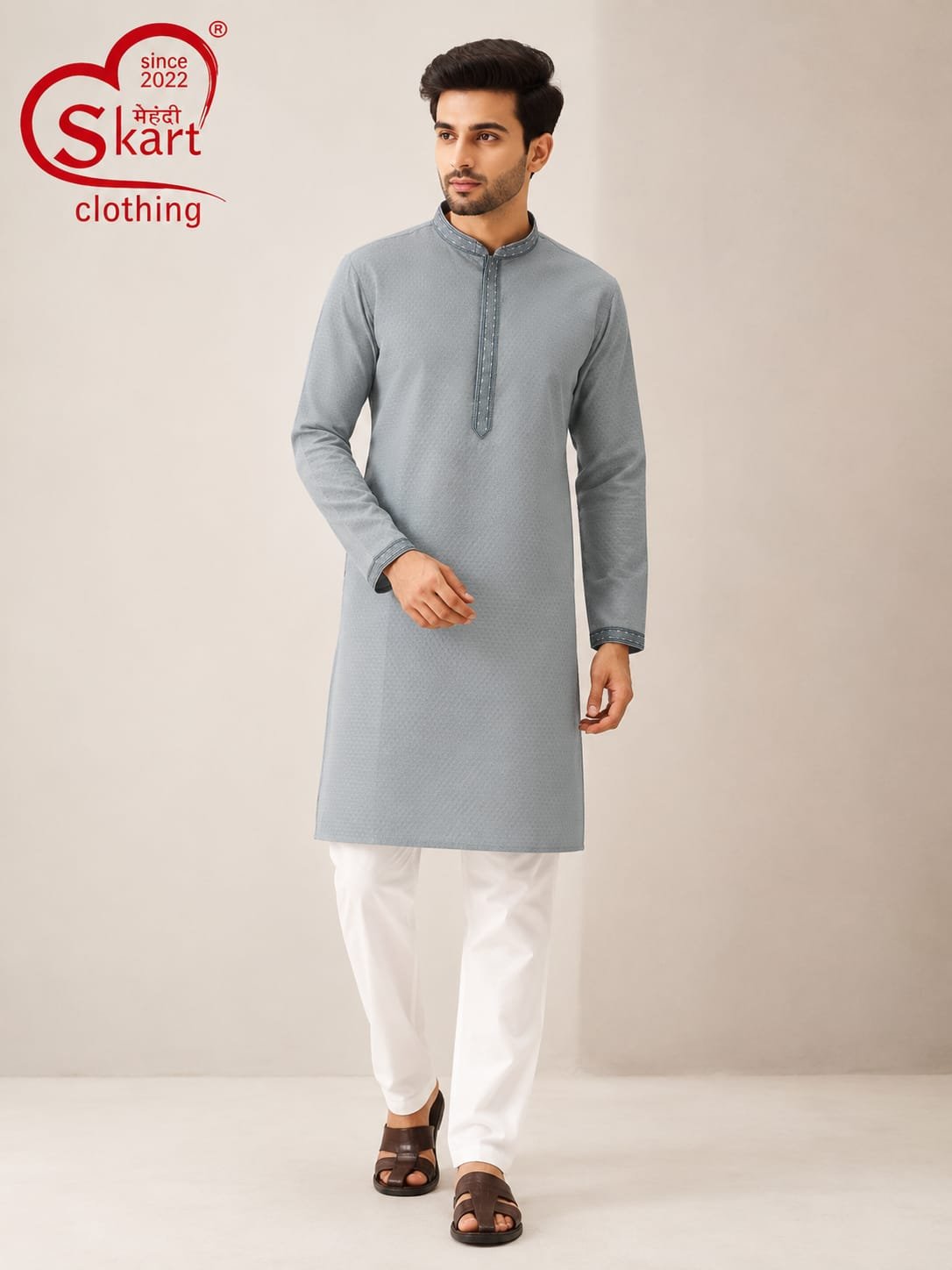 Men's Grey Textured Kurta – Elegant Full Sleeve Ethnic Wear