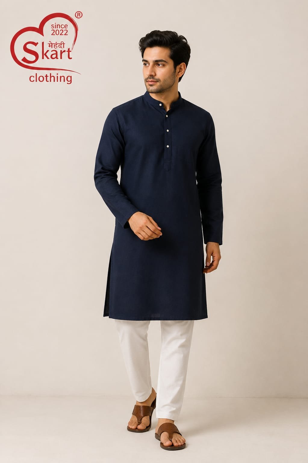 Men’s Navy Blue Solid Kurta – Classic Full Sleeve Ethnic Wear