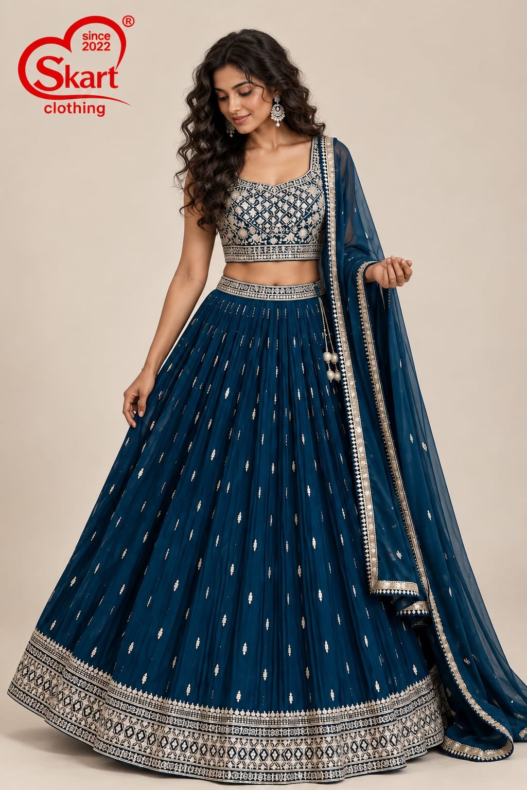 Women's Royal Blue Embroidered Crop Top Lehenga Set with Dupatta – Premium Festive & Wedding Wear