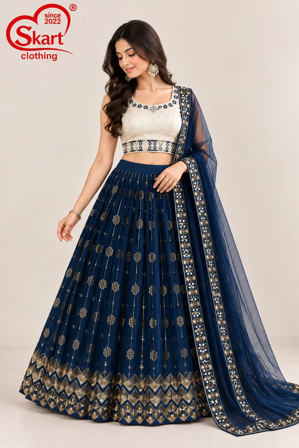 Women's Navy Blue Embroidered Crop Top Lehenga Set with Designer Dupatta – Premium Festive & Wedding Wear