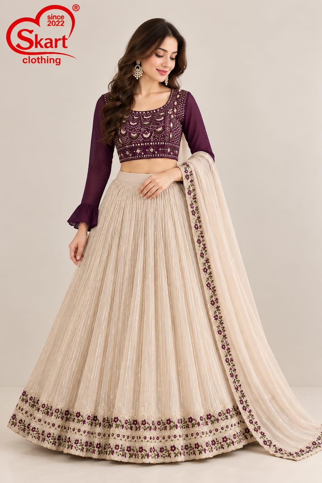 Women's Ivory & Wine Embroidered Crop Top Lehenga Set with Designer Dupatta – Premium Festive & Wedding Wear