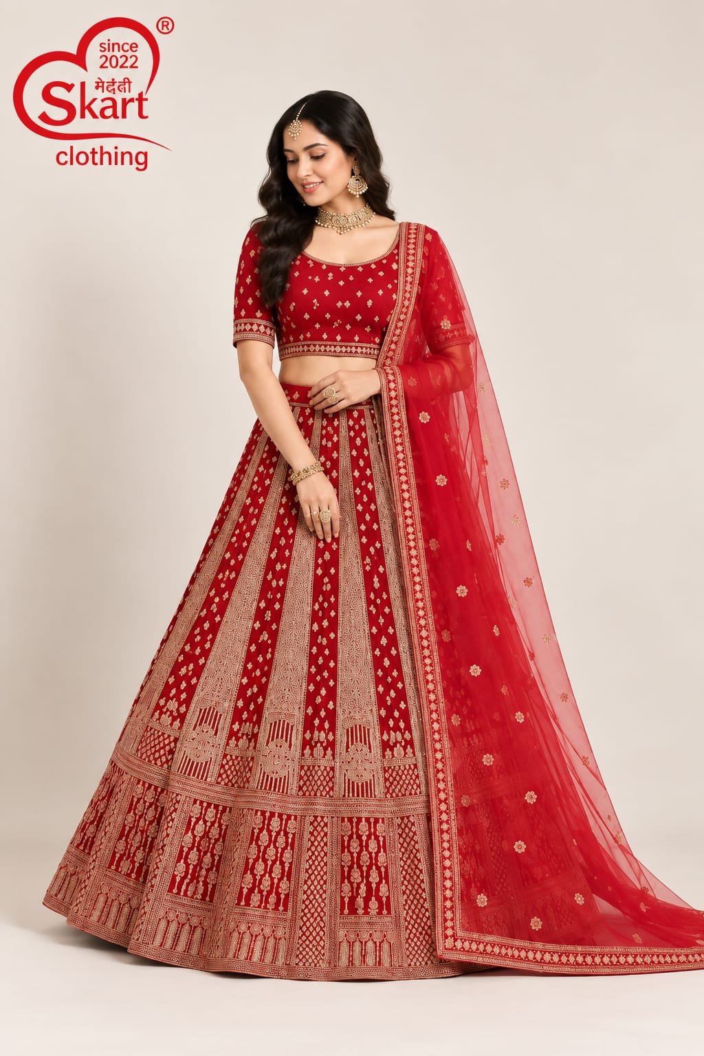Red Embroidered Lehenga Choli with Sheer Dupatta