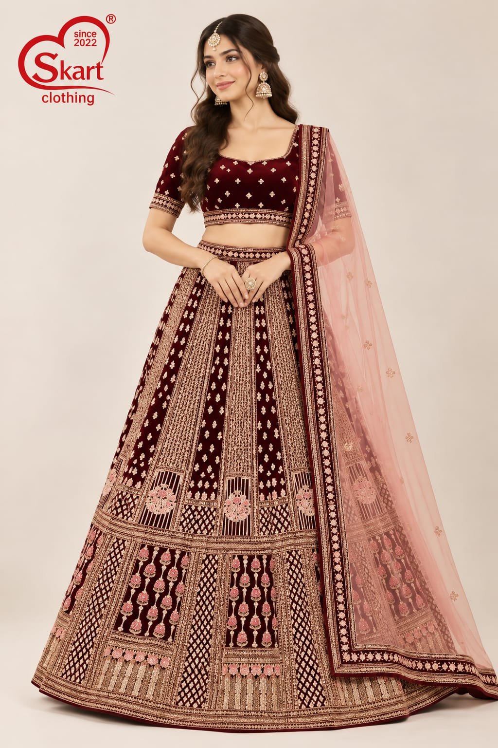 Maroon Embroidered Lehenga Choli with Blush Pink Dupatta