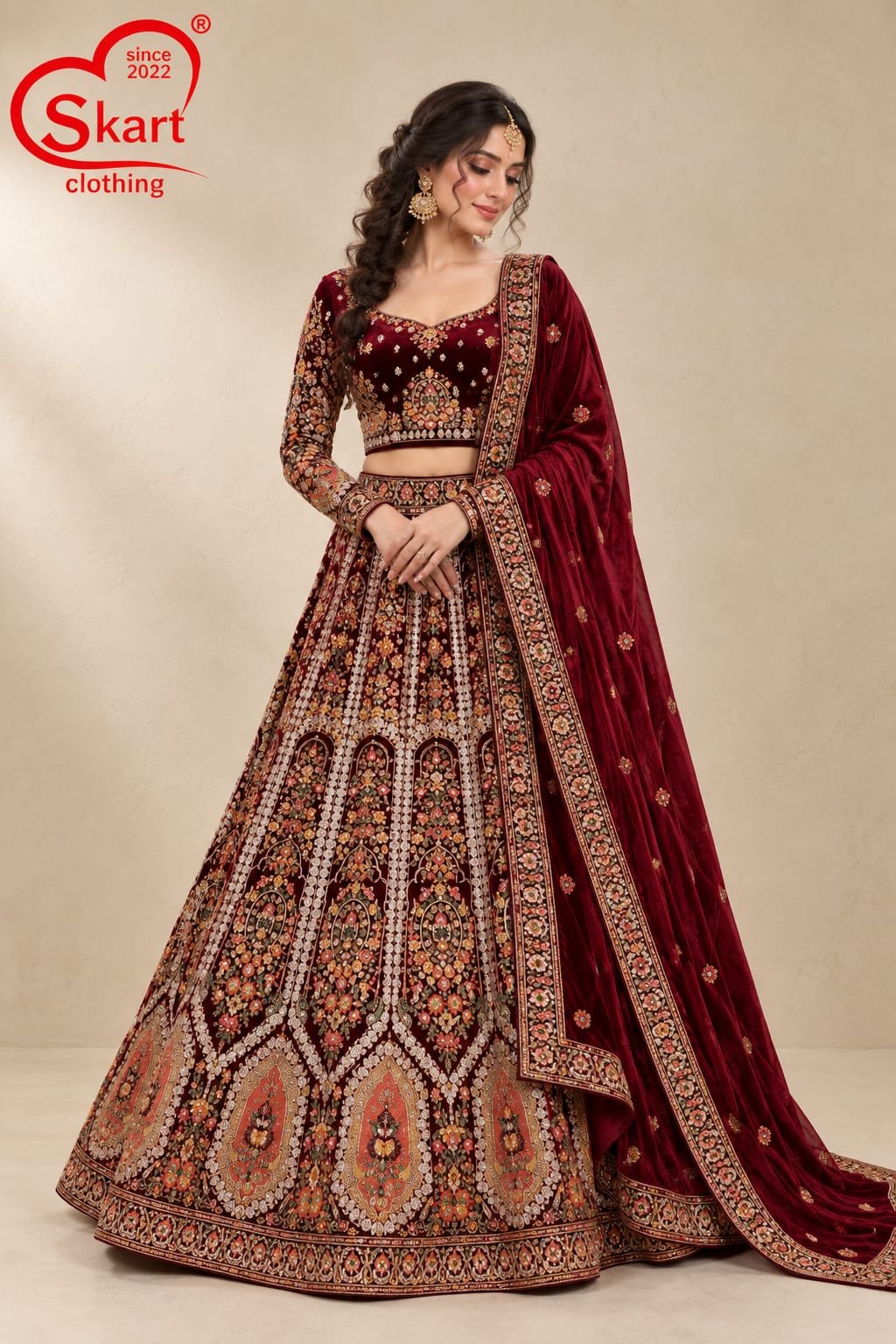 Maroon Printed Anarkali Lehenga Set with Dupatta