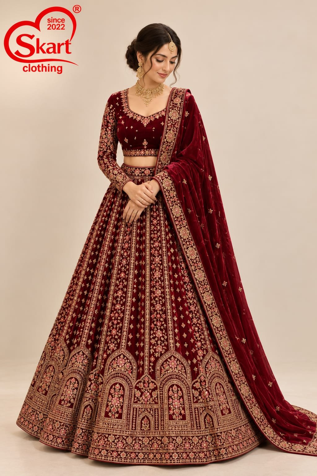 Royal Wine Velvet Bridal Lehenga with Antique Gold Embroidery