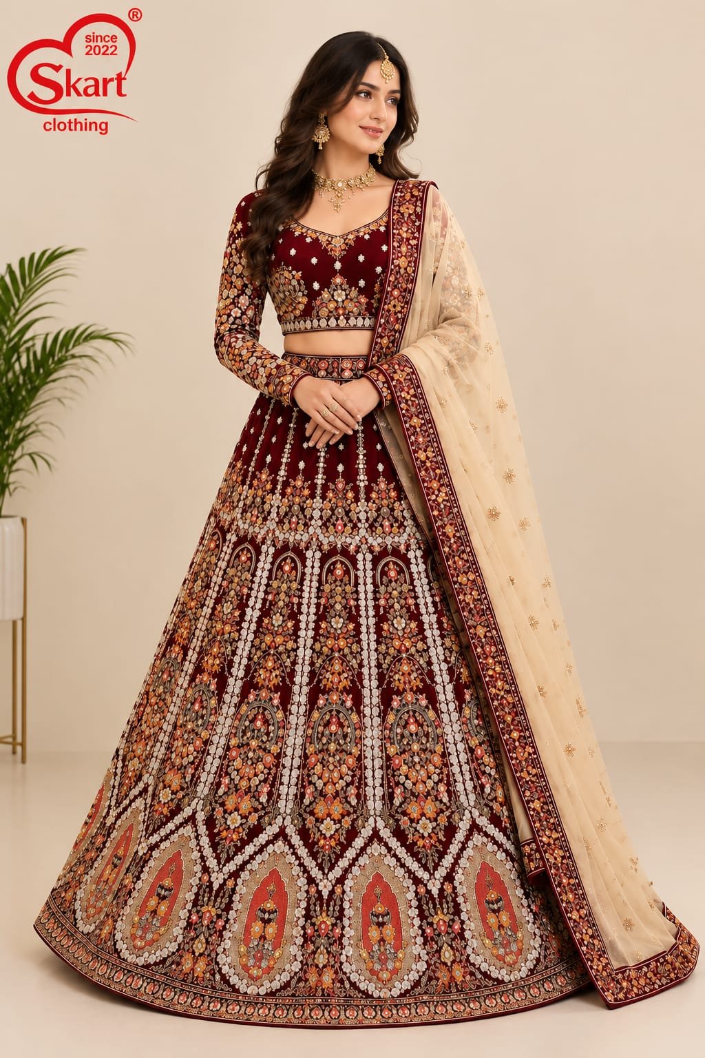 Royal Maroon Zardozi Embroidered Bridal Lehenga with Ivory Dupatta